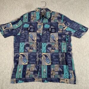 Haupt Shirt Mens Medium Blue Paisley Hawaiian Short Sleeve Button Up Rayon Aloha